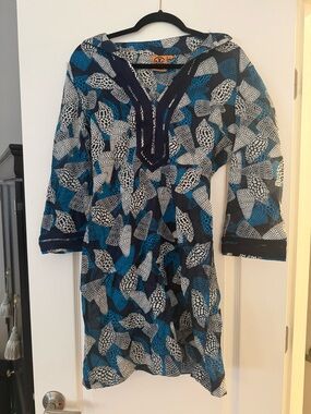 Tory Burch Navy Blue White Printed Long Sleeve Tunic Dress